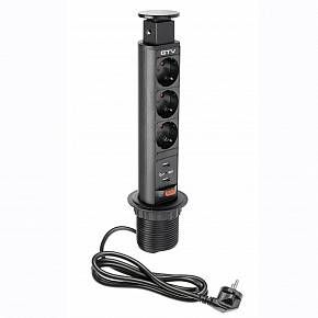 Блок розеток выдвижной 3 розетки AE-BPW3S60U-20 (Schuko) 2xUSB, черный, с проводом 1,5 метра — купить оптом и в розницу в интернет магазине GTV-Meridian.